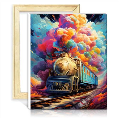 LiHEQING Malset für Wanddekoration, Zug, Malen nach Zahlen zum Selbermachen, mit 3 Pinseln und Acrylfarben, Haus, Art-Deco-Basteln, OHNE Rahmen (50 x 65 cm)