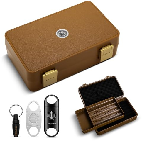 CLZOONG Zigarren Reise Humidor mit Luftbefeuchter und Hygrometer, Zigarrenkoffer mit 3 Zigarrenschneidern, hält bis zu 10 Zigarren (braun)