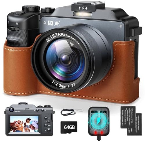 Cámara Digital 4K, 64MP Lente Doble Enfoque automático 18X Zoom Digital Camara Fotos compacta con Tarjeta de 64 GB, Pantalla LCD de 3 Pulgadas fotografia Compact Camera for vlog