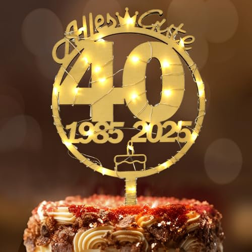 Tortendeko 40 Geburtstag Frau Mann, Seutgjie 40. Geburtstag Rubinhochzeit Jubiläum Cake Topper Holz mit LED Lichterkette 1985 bis 2025 Kuchen Deko