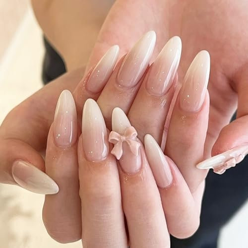Almond Fake Nails Medium Long - 24PCS French Tip False Nails with Bow - Nude Glossy Stick On Nails with Glue - Full Cover Ellipses Fake Nails with Glue For Women Girls Valentine's Day Nail Art
