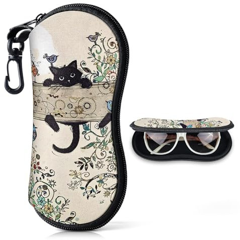 Playexen Custodia Occhiali Morbida con Cerniera per Uomo & Donna Custodia per Occhiali da Sole in Neoprene Morbida & Ultraleggero Porta Occhiali da Borsa Portatile con Moschettone(Gatto Nero-Beige)