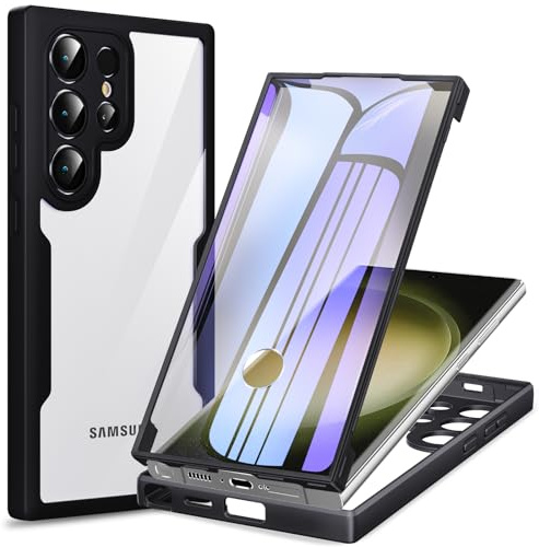 Phoona Cover per Samsung Galaxy S23 Ultra 5G con Pellicola Protettiva Trasparente, Antiurto Silicone Custodia 360 Gradi Full Body Protezione, AntiGraffio Robusta Cover per Samsung S23 Ultra, Nero