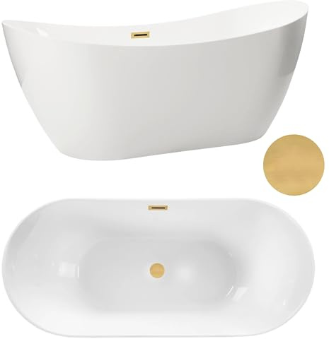 AQUAUNO Freistehende Badewanne 170 x 72 cm aus hochwertigem Sanitäracryl – weiße Acrylbadewanne mit Klick-Klack-Ablauf, Überlauf und Ablaufgarnitur in Gold für ein modernes Badezimmer
