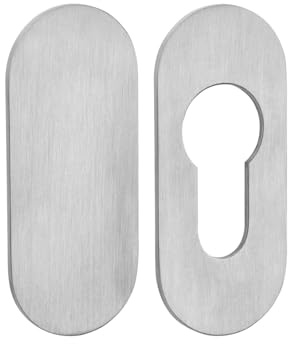 2er Set SOTECH Kleberosetten oval 65 x 28 x 2 mm (1 x PZ-Rosette / 1 x Blindrosette) Edelstahl Satin mit 3M-VHB-Klebepad ohne Bohren montierbar für Schlösser mit Profilzylinder in Möbel und Türen