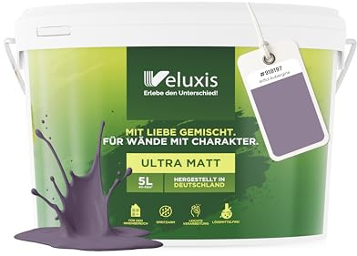 Veluxis® Peinture murale violette pour intérieur - 5 litres, classe d'opacité 1, sans traces, anti-gouttes, écologique, sans COV - (Artful Aubergine)