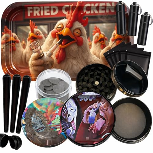 Rolling Tray Kit with Grinder & Accessories – Large Metal Rolling Tray Set, Smell Proof Keychain Containers, Protective Tubes, Stash Bags & Screens – Complete Portable Smoking Accessories Organizer