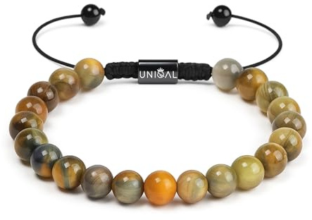 UNIQAL | Damen Armband Perlen Set Naturstein | Edelstein Armbänder mit Tigerauge Lapislazuli Hämatit Onyx Lava Unisex | Verstellbar | Geschenk Armband Männer Schmuck