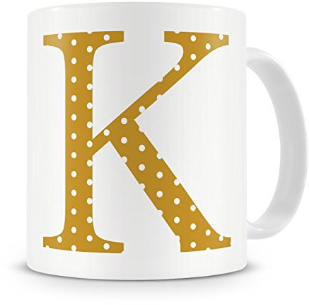 Letter “K” Mug – Letter K Mug, K Letter Mug, K Mug – Mug Gift/Present – Polka Dot Style – Modern / Cool / Trendy Style Mug (Gold)