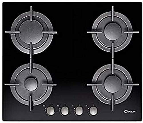 Candy CVG 64 SGNX Piano Cottura a Gas in Vetro Temperato, 4 Fuochi, da Incasso, Griglie in Ghisa, Valvola di Sicurezza, GPL e Metano, 59x51x46 cm, Nero