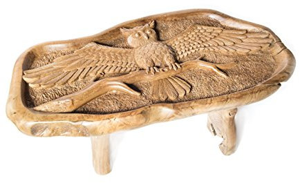 Windalf Handgearbeiteter Design Eulen Couchtisch Miana 106 cm Großer Uhu Wohnzimmertisch mit Glasplatte UNIKAT Wurzelholz