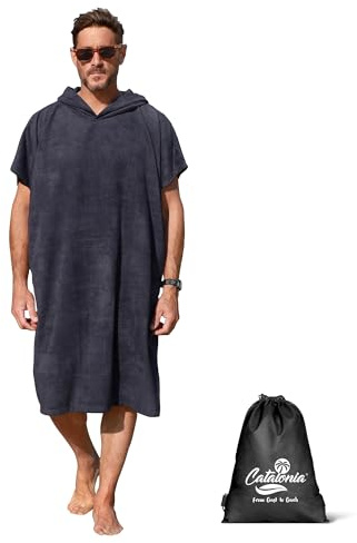 Catalonia Absorbent Surf Poncho Men Women, Quick Dry Towel Changing Poncho, Hooded Towel Robe Adult, Beach Surfing Swimming, Black