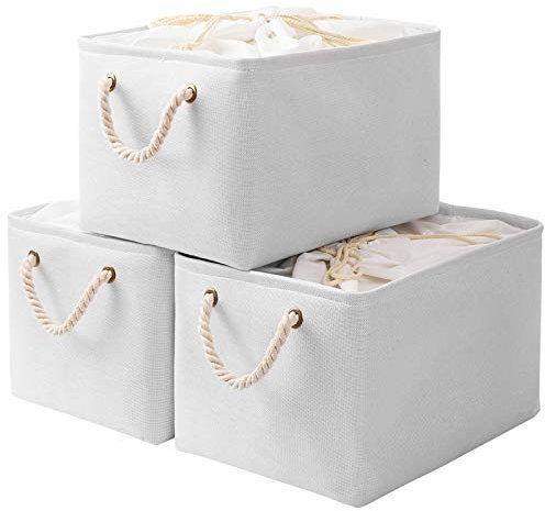 Yawinhe 3 Stück Aufbewahrungskorb Stoff, Faltboxen Aufbewahrungsbox, mit Kordelzug-Abdeckung und 2 Griffen, Körbe Aufbewahrung, für Schrank und Regal, 33x23x20cm, Weiß, SNK003WS
