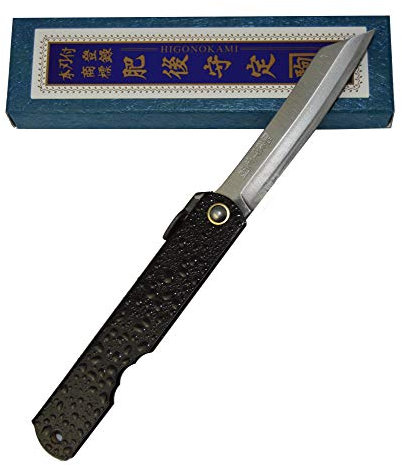HIGO NO KAMI Higonokami Couteau de Poche Pliant Artisanal Japonais Warikomi Splash Couteau Estampillé Effet Goute d'eau Fait Main au Japon par Nagao Kanekoma (Noir)