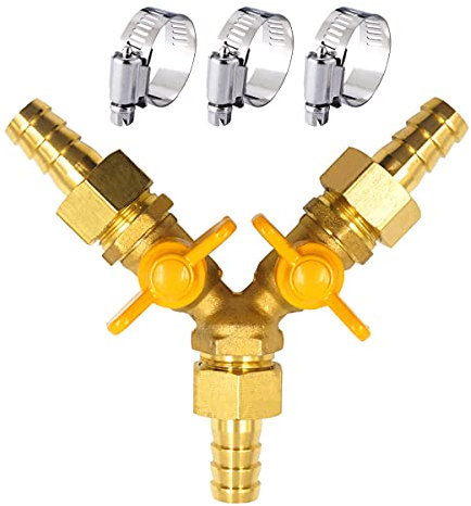 Horiznext brass 1/2 inch O.D. barb three way shut off ball valve for propane gas hose air water pvc pex garden tubing fuel line, tee switch splitter fitting