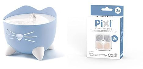 Catit 43717 Pixi Trinkbrunnen für Katzen, 2,5L, blau & 43721 Pixi Ersatzfilter, Trinkbrunnenfilter für die Catit Pixi Trinbrunnen, 3er Pack