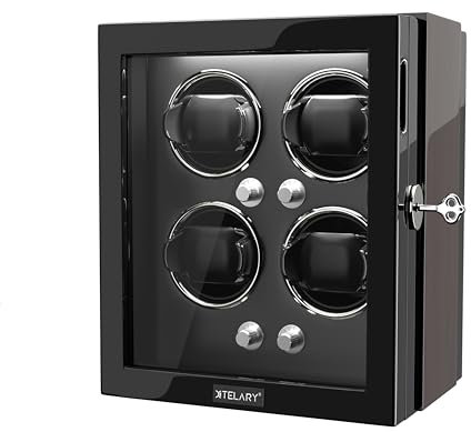 XTELARY Uhrenbeweger, Automatik Uhrenbeweger für 4 Uhren, Tastensperre zum Entriegeln, Ausgestattet mit leisem Motor, 4 Rotationsmodi, Verstellbarer Uhrenmatte,mit LED-Beleuchtung