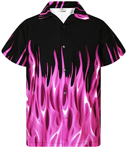 King Kameha Funky Hawaiian Shirt, Men, Shortsleeve, Flames, Purple, XXL