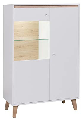 Lomadox Wohnzimmer Highboard Vitrine in weiß mit San Remo Eiche Nb., B/H/T ca. 90/136,5/40 cm