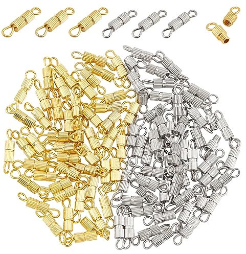 NBEADS 100 Sets Messing Schraubverschlüsse, 2 Farben Schraubverschlüsse Säule Lauf Schraubverschlüsse Schmuck Endspitze Kappen für Armband Halskette Schmuck Herstellung Ergebnisse, Platin & Golden