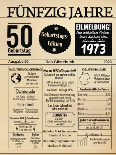 Fünfzig Jahre Das Gästebuch: Zum 50 Geburtstag 2023 / Geburtsjahr 1973 / Zeitung Design Mit Ereignissen Im Jahre 73 / Geschenk Und Geburtstagsdeko / ... Glückwünsche Und Fotos / Geburtstagszeitung
