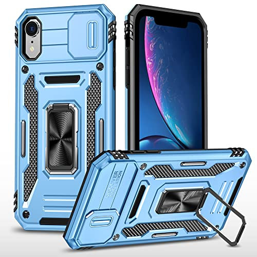 Cover Compatibile con iPhone XR 6.1,Protezione Fotocamera Slidable Custodia Antiurto Case Anello Supporto Silicone Custodie,Blu cielo
