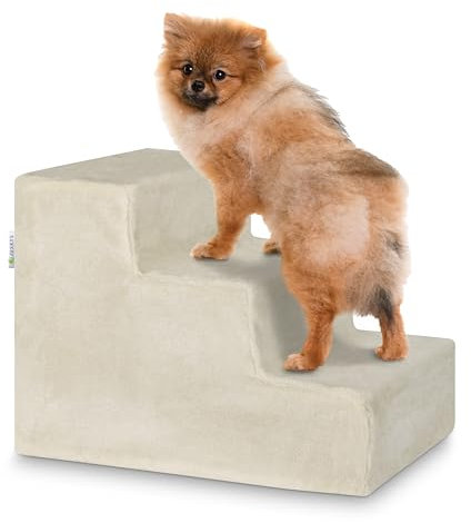 Scaletta per animali Juskys, 36 cm, a 3 gradini con peluche lavabile, per cani e gatti, ideale per letto, divano, sofà e auto - Rivestimento beige