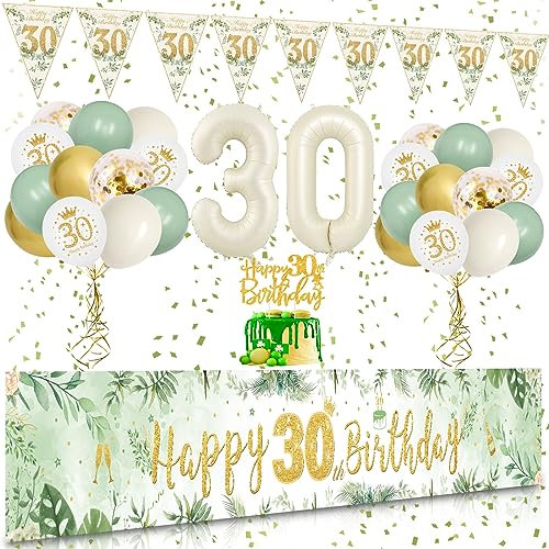 30 Geburtstag Deko, VICTERR Grün Gold Deko 30. Geburtstag Frauen und Männer Deko Set, Lange Größe Happy 30th Birthday Banner Hintergrund 274×37cm, Girlande Wimpel Konfetti Luftballons