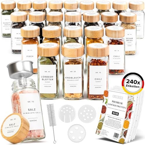 EDELHAUS Gewürzgläser Eckig Set mit Bambusdeckel (24 x 120ml) Gewürzstreuer mit Streueinsatz und 240 Etiketten Weiß - Holzdeckel Gewürzbehälter, Gewürzdosen, Gewürze organizer [11cm x 4,5cm]