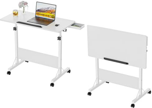 Lvhecforhm Mesa Auxiliar de Altura Ajustable Mesa de Oficina Plegable, Mesa Plegable Blanco, Mesa Auxiliar con Ruedas Cama, Escritorios Portátiles para Estudio con Cajón Oculto, Casa Oficina 80x40cm
