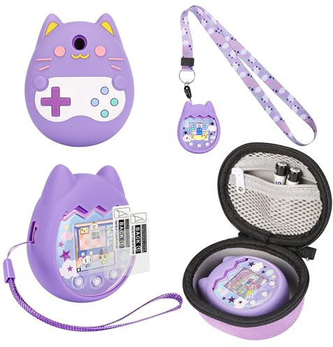 Meetikar Silikon Hülle und Hartschalenkoffer kompatibel mit Tamagotchi Pix Virtuelles Haustierspielzeug, Schutzhülle für Tamagotchi Pix mit Handschlaufe, Bildschirmschutz und Schlüsselband (Lila)