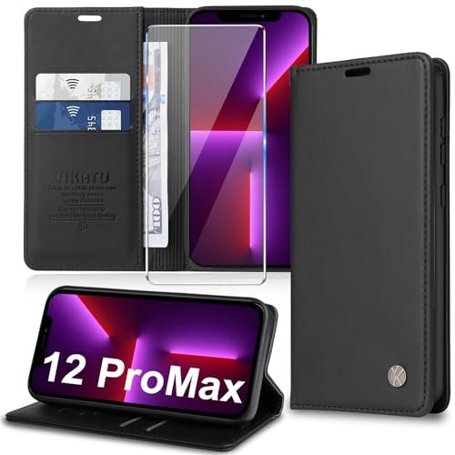 Migexxkj Handyhülle für iPhone 12 Pro Max Hülle [mit Schutzfolie][Premium PU Leder] Klapphülle Kartenfach Magnetic Ständer Flip Case Cover Etui Tasche Schutzhülle für iPhone 12 Pro Max 6.7“ (Black)
