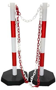Juego de barrera para postes y cadena, robusto, 2 postes de plástico, incluye cadena de 5 m (rojo/blanco)