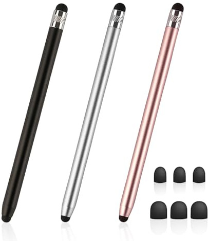 KRYMSON 3 pekskärmspennor med dubbla huvuden, gummipenna, kapacitiv metallpenna, mobiltelefonsurfplattepenna, lämplig för anteckning, skrivning, lek och målning (svart, silver, rosa)