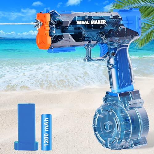 Longue Portée Pistolet a Eau électrique, Pistolet à Eau Automatique,Deux Compartiments à Eau remplaçables 450CC + 30CC,1 Batterie Rechargeable par USB, pour Jeux d Eau,l'été, Piscine,Plage (Bleu)