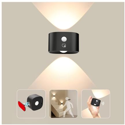 Feallive Wandleuchte Innen mit Bewegungsmelder, Wandlampe mit Akku mit Schalter Touch Control 3 Helligkeitsstufen, 360° drehbare, für Wohnzimmer TreppenhausFlur kabellose wandleuchten (Schwarz)