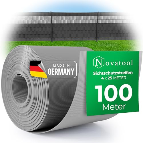 Novatool Premium PP 100m Rollen Sichtschutzstreifen für Doppelstabmattenzaun Fenster GRAU für 40 Reihen Stabmattenzaun Sichtschutzstreifen langlebig & witterungsbeständig Zaunelemente Sichtschutz