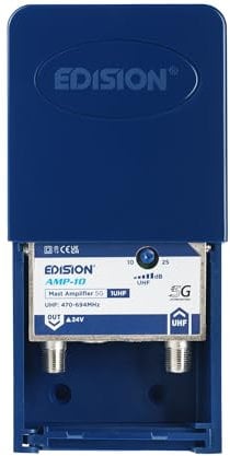 EDISION AMP-10 Amplificador Antena TV de mástil 1UHF, 10-25db Ajustable, 107dBmV, 24V, para Digitale Terrestre DVB-T/T2, Frecuencias UHF 470-694Mhz, con Filtro 5G LTE