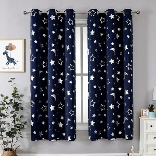 IKDZCM Raumverdunkelungsvorhänge mit silbernem Stern und Mond für Kinderzimmer, Schlafzimmer, Verdunkelungsvorhang für Kinder, Ösen, wärmeisolierende Vorhänge WxH/2x70x200cm ösen gardinen