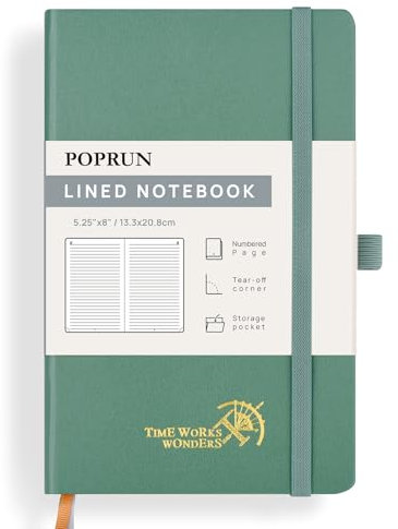 POPRUN Notizbuch A5 liniert, 120 GSM Papier für Frauen und Männer, 128 nummerierte Seiten, Hardcover mit Selbstklebenden Registerkarten und 8 Abreißblättern - Mitternachtsgrün