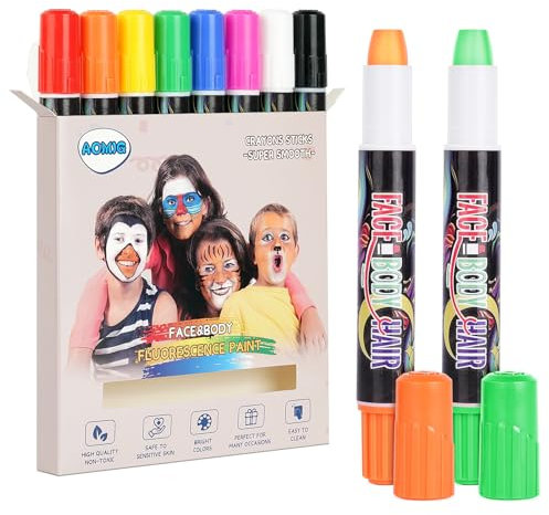 Aomig Face Paint Crayons Kit, 8 Colors Children's Face Paint Set, Fluorescent Crayons Safe Non-Toxic Face Body Crayons for Kids, Bright Colors Body Painting Kit for Halloween Makeup, Party or Cosplay