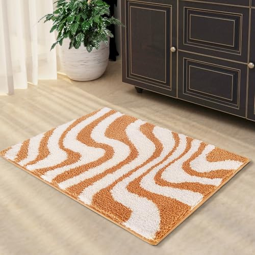 Civkor Badematte für Badezimmer, orange und weiß, Badteppich mit rutschfester TPR-Unterseite, maschinenwaschbar und schnell trocknend, 50,8 x 78,9 cm, weiche Badematten für Boden, Dusche, Waschbecken