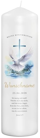 PhotoFancy® - Personalisierte Konfirmationskerze - Fotokerze mit eigenem Foto/Text bedrucken lassen - Kerze mit Konfirmations-Design: Glaubensfreude - 29 cm Höhe