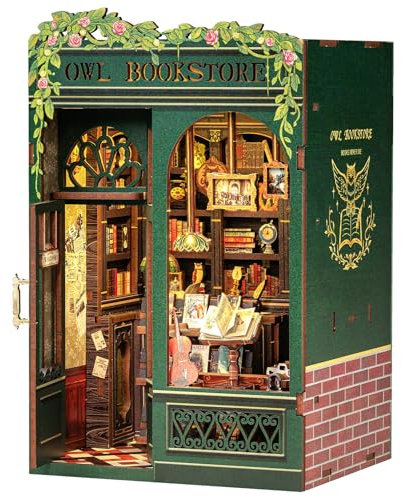 CUTEBEE Kit Book Nook - Maison Miniature à Monter soi-même - Maison de poupée - avec Housse de Protection Contre la poussière et lumière LED - Kit de modélisation pour Adultes(Owl Bookstore)