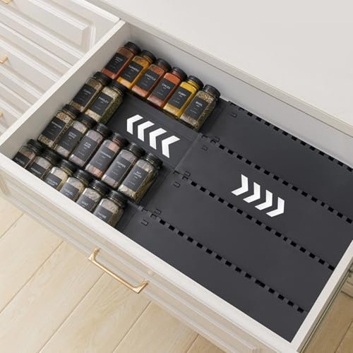 Homhut Gewürzregal Schublade 4 Etagen, Gewürz Organizer Schublade, Gewürz Schubladeneinsatz, Schubladen Ordnungssystem von 33cm bis 62cm, Organizer für Küche, Arbeitsfläche, Schrank, Regal
