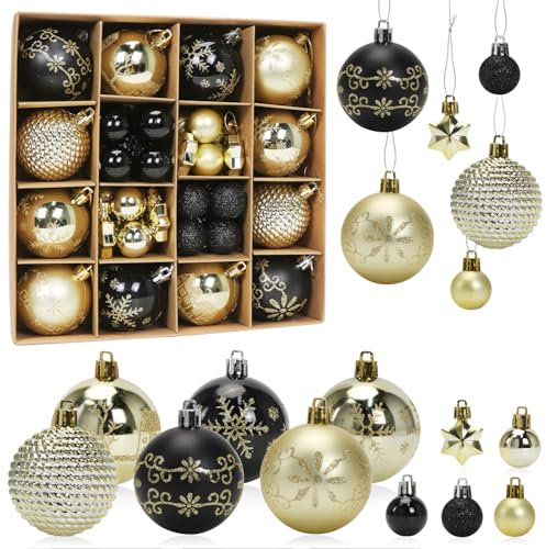 Weihnachtskugeln Schwarz Gold, 44 Stück Christbaumkugeln Kunststoff Set, Weihnachtsdeko Kugeln Stern, Christbaumschmuck Große & Kleine, Weihnachtsbaumschmuck Weihnachtsbaum Deko
