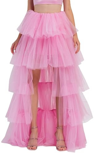 Springcmy Jupe tutu haute basse pour femme - Longueur au sol - Taille élastique - Tulle - Volants superposés - Jupe de gâteau à volants, rose, Taille unique