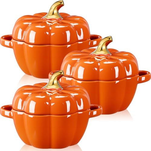 FoldTier 3 Stück Kürbisschalen Keramik Kürbisschale 450 ml Kasserolle Kochgeschirr Kürbis-Topf zum Kochen sicherer Ofentopf mit Deckel Doppelohren für Thanksgiving Herbst Halloween