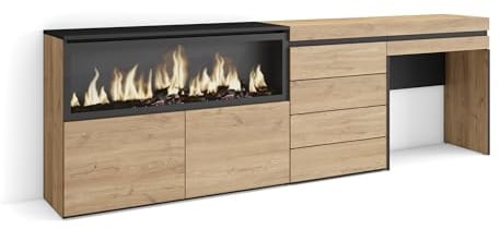 Skraut Home | Schminktisch | Frisiertisch mit Stauraum | 234x75x35 cm | mit Schublade | Elektrokamin XXL | Kommode mit Schubladen | Moderner Stil | Eiche