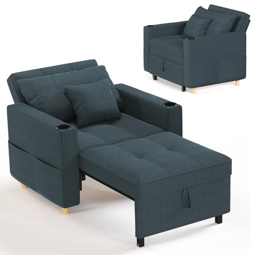 YODOLLA 3-in-1 Pull Out Sleeper Chair Bed 97cm Single Sofa Armchair, Blue